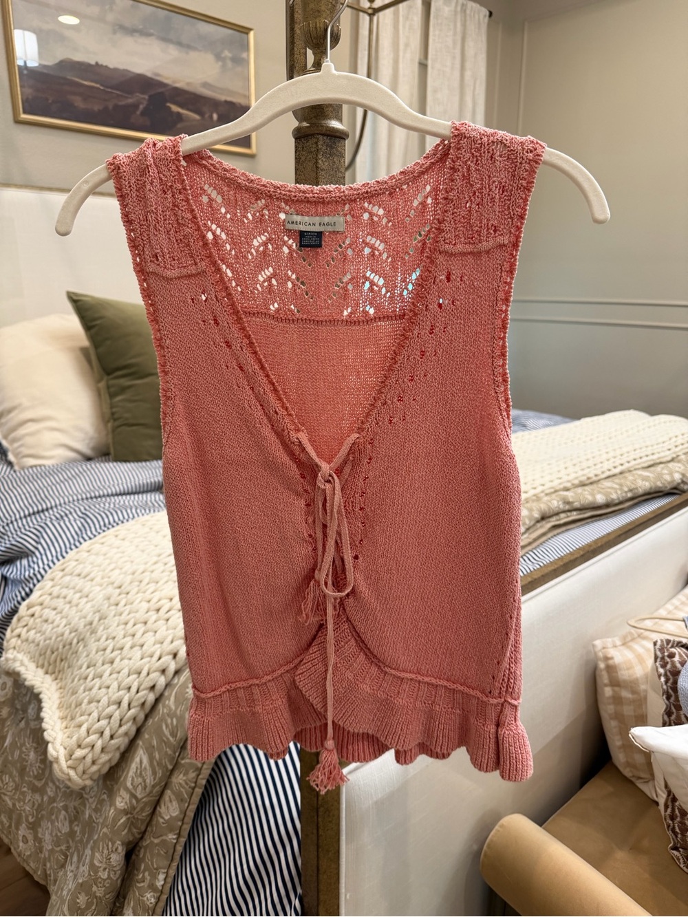 American Eagle Outfitters Coral Crochet Tie-Front Knit Tank